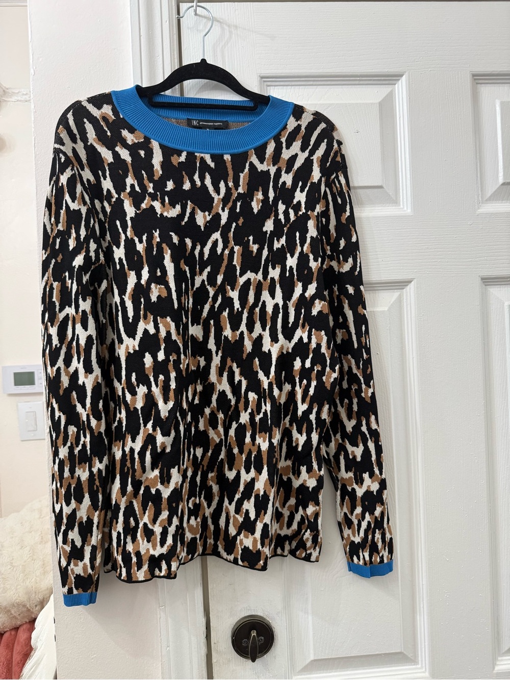 INC International Concepts Leopard Print Crewneck Sweater with Blue Trim